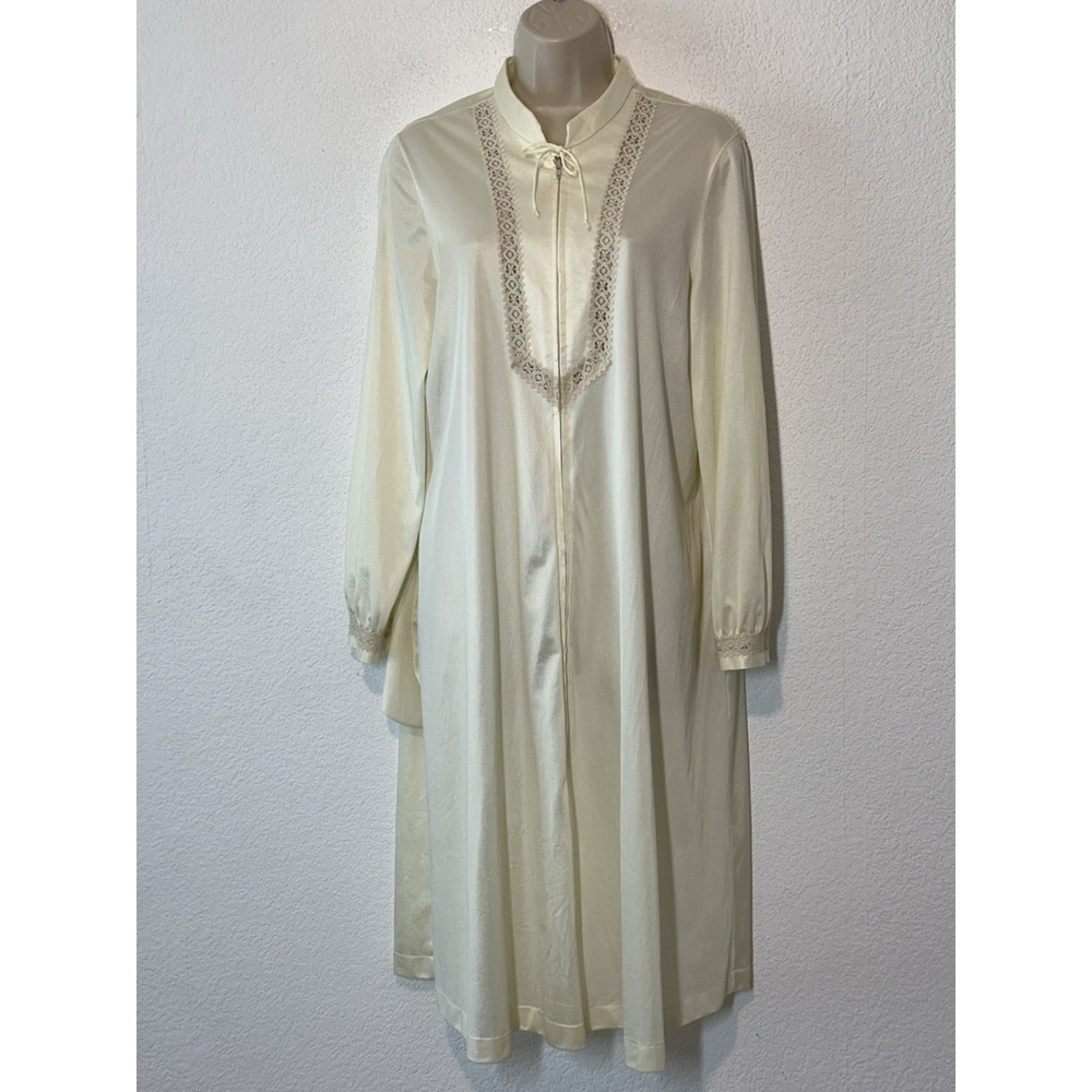Vtg Gossard Artemis Zip Front Robe Large Yellow Beige Lace Trim Poc Loungewear